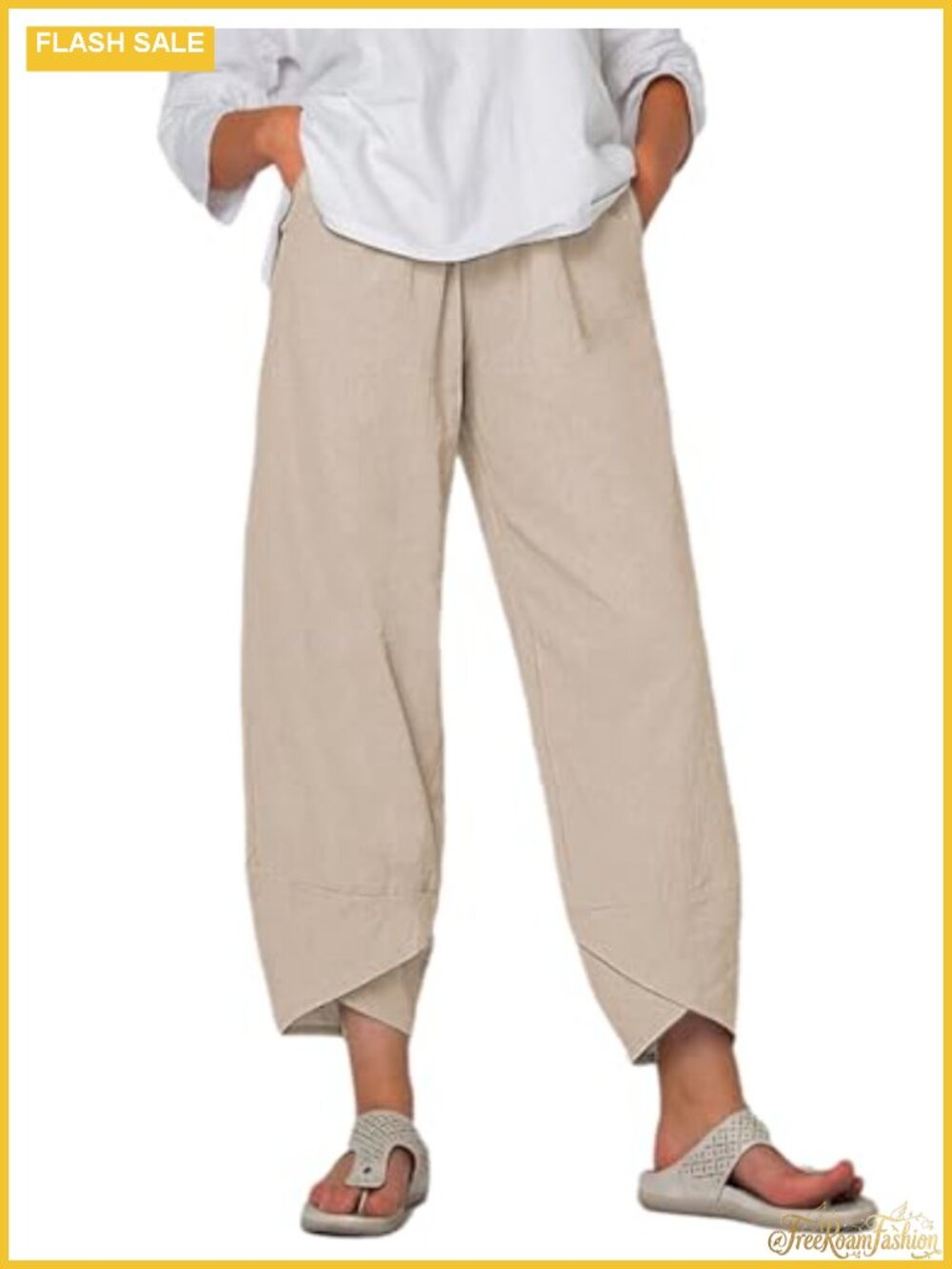 Women's Cotton Linen Cropped Tulip Capri Pants with Pockets